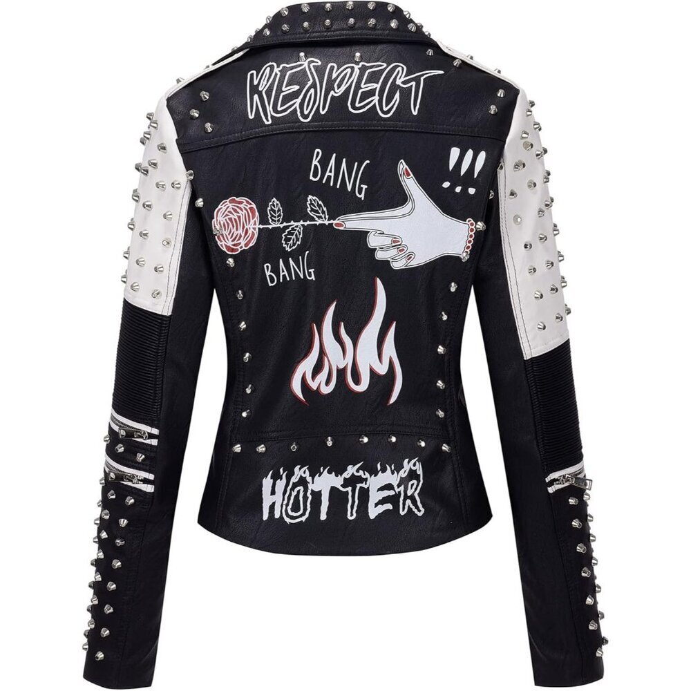 Women Black White Studded Rivet Floral Biker Short Lapel Coat Leather Jacket - Picture 6 of 6